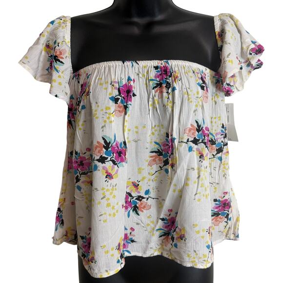 Rip Curl Night Bloom Off Shoulder Floral Top Blouse White Smocked Small NWT New - Picture 1 of 9